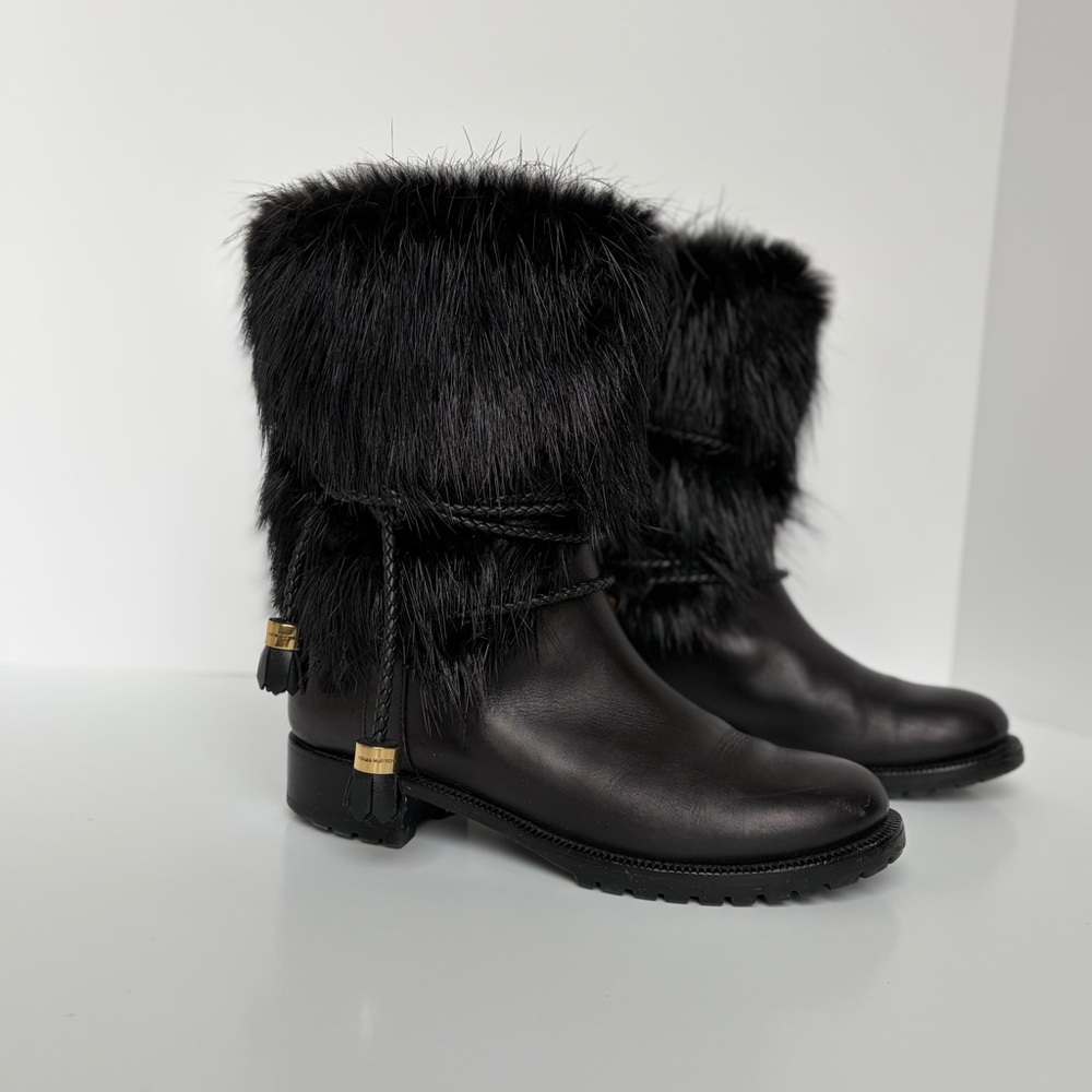 Louis Vuitton Black Fur Moto Boots with Leather Tassel Accents - Picture 3 of 11
